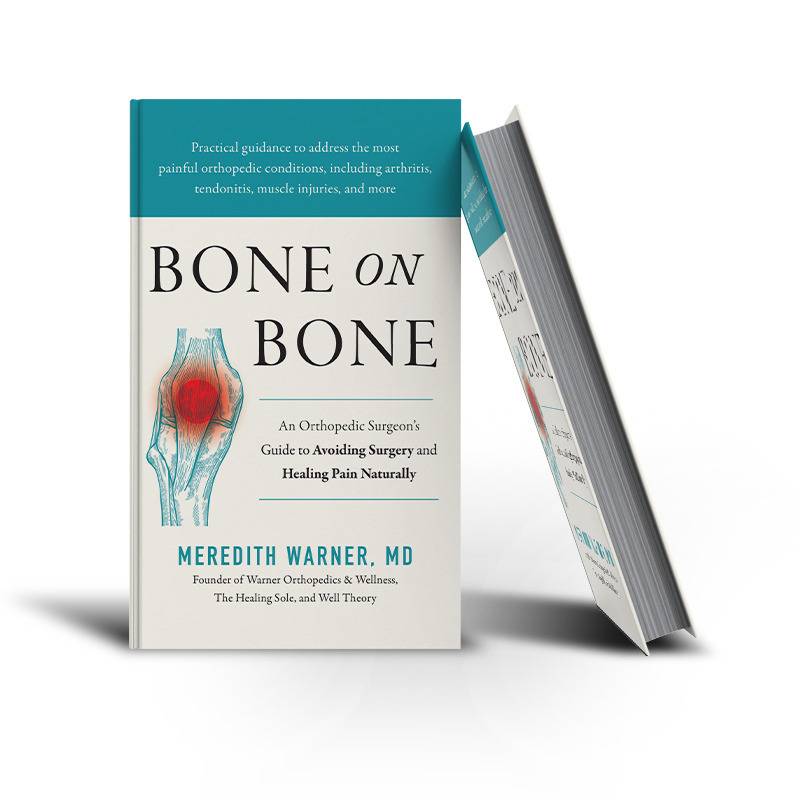 Two copies of "Bone on Bone" by Meredith Warner, MD, each featuring surgeon-formulated supplements on the cover.