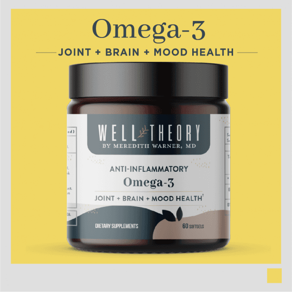 A jar labeled "Well Theory Omega-3" supplement for joint, brain, and mood health on a yellow background.