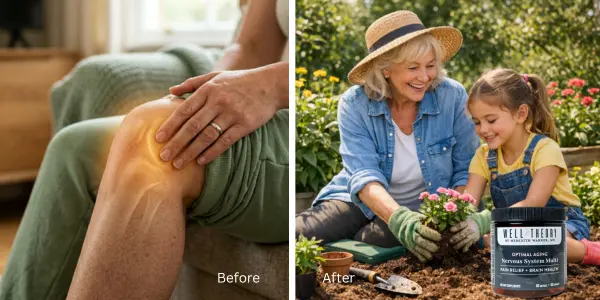 Split image: Left, sore knee; right, older woman and child garden with supplement jar—PEA guide can help.