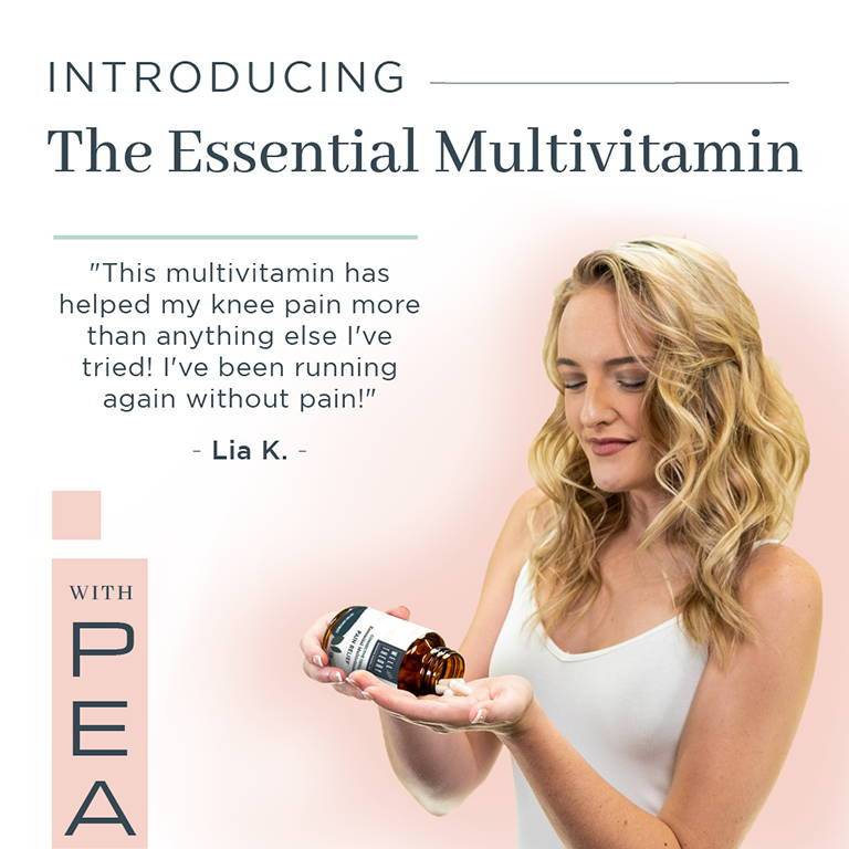 A woman with long blonde hair pours supplements into her hand as a testimonial appears on the image.