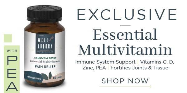 A Well Theory Essential Multivitamin bottle emphasizes immune support, pain relief, and joint health.