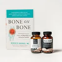 Bone On Bone" by Meredith Warner, MD, stands behind two Well Theory surgeon-formulated supplement bottles.