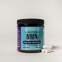 Jar labeled "Longevity Series NMN" with surgeon-formulated supplements, and three white capsules on a plain background.