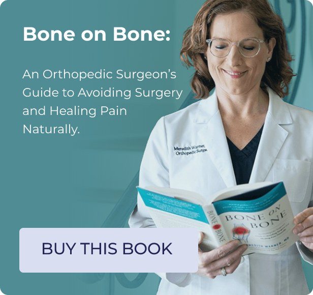 Woman in a white lab coat reads "Bone on Bone" near a book purchase button and orthopedic supplement promotion.