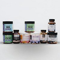 Ten assorted supplement and vitamin containers, surgeon-formulated, are arranged in three rows on a white background.
