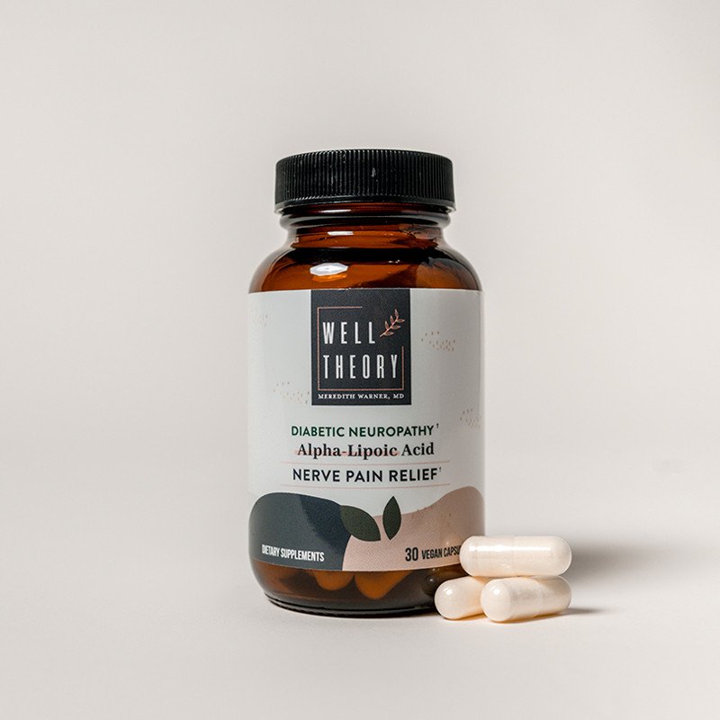 Well Theory Alpha-Lipoic Acid Nerve Pain Relief bottle with three white capsules on a light background.
