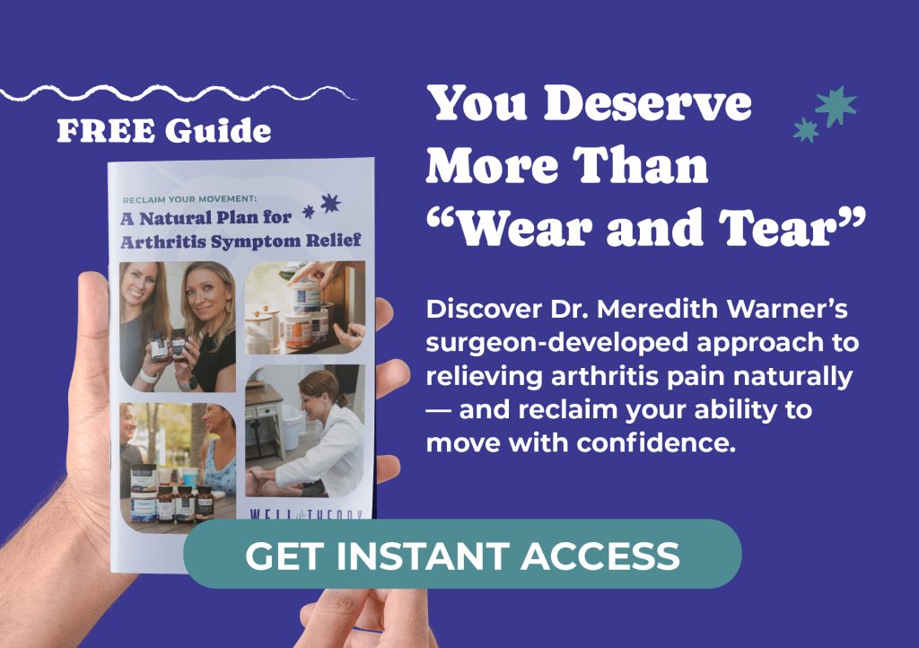 Hands hold a guide on arthritis pain relief supplements, with tips and a "Get Instant Access" button.