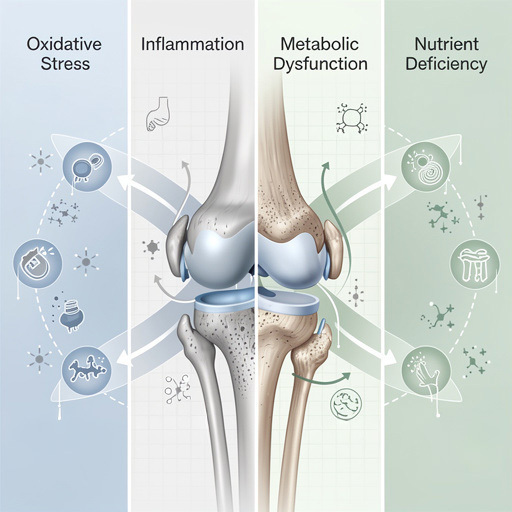 Illustration of a knee joint with four labeled sections, showing how supplements support key joint health concerns.