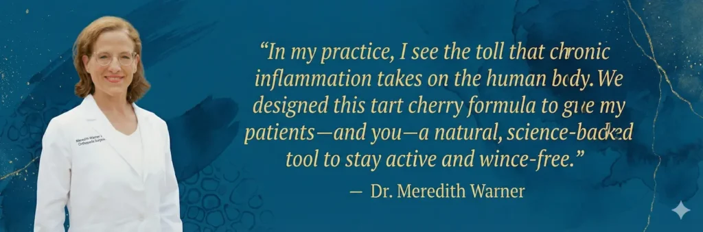 A woman in a white lab coat stands by a quote on inflammation, promoting Dr. Meredith Warner's supplements.