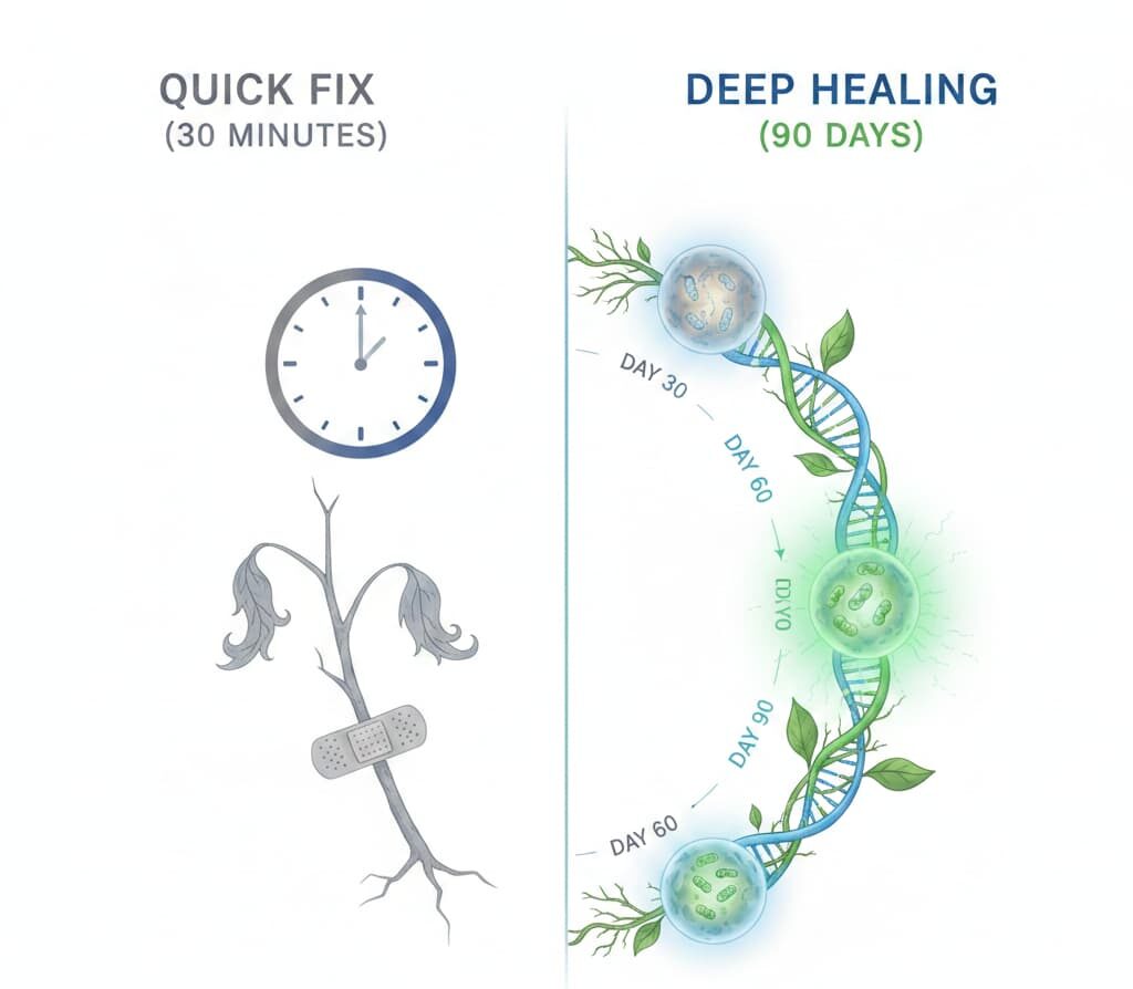 Split image: Wilted plant with bandage labeled “Quick Fix”; DNA and new growth labeled “Deep Healing, natural supplements.”.