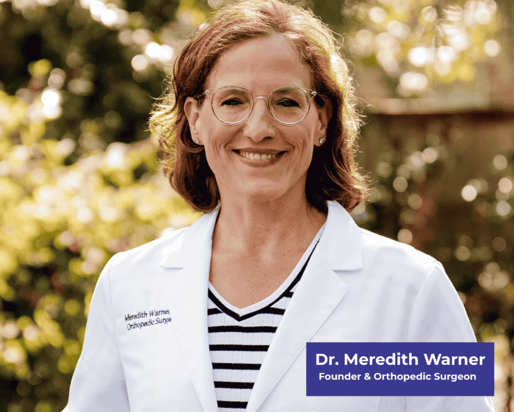 Dr. Meredith Warner, in glasses and a white lab coat, smiles outdoors. Label: Founder, Orthopedic Surgeon, Well Theory.