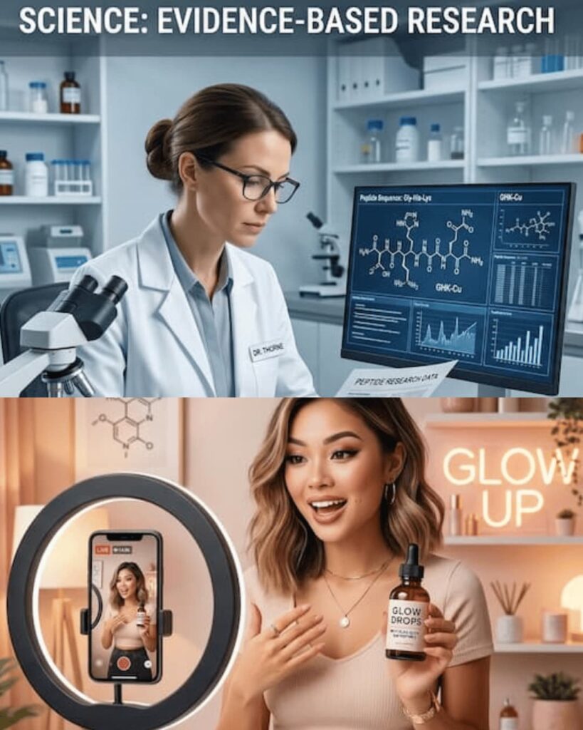 Split image: Scientist reviews peptide safety data above; below, a woman films a beauty product review.
