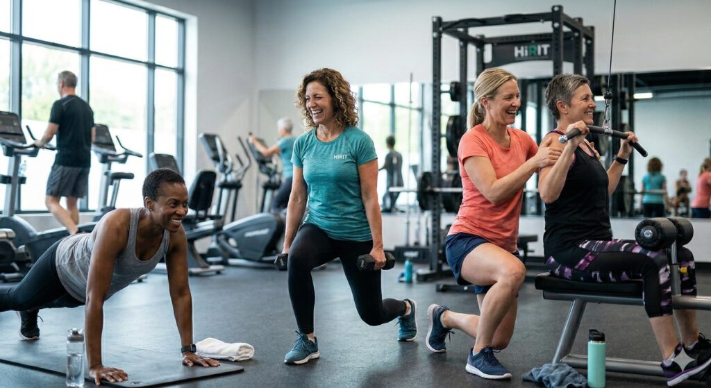 Four women work out in a gym, using weight machines and doing lunges; natural supplements can enhance your routine.