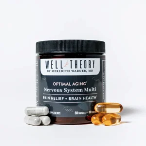 Jar labeled "Well Theory Optimal Aging Nervous System Multi" with gray tablets and amber softgels next to it.