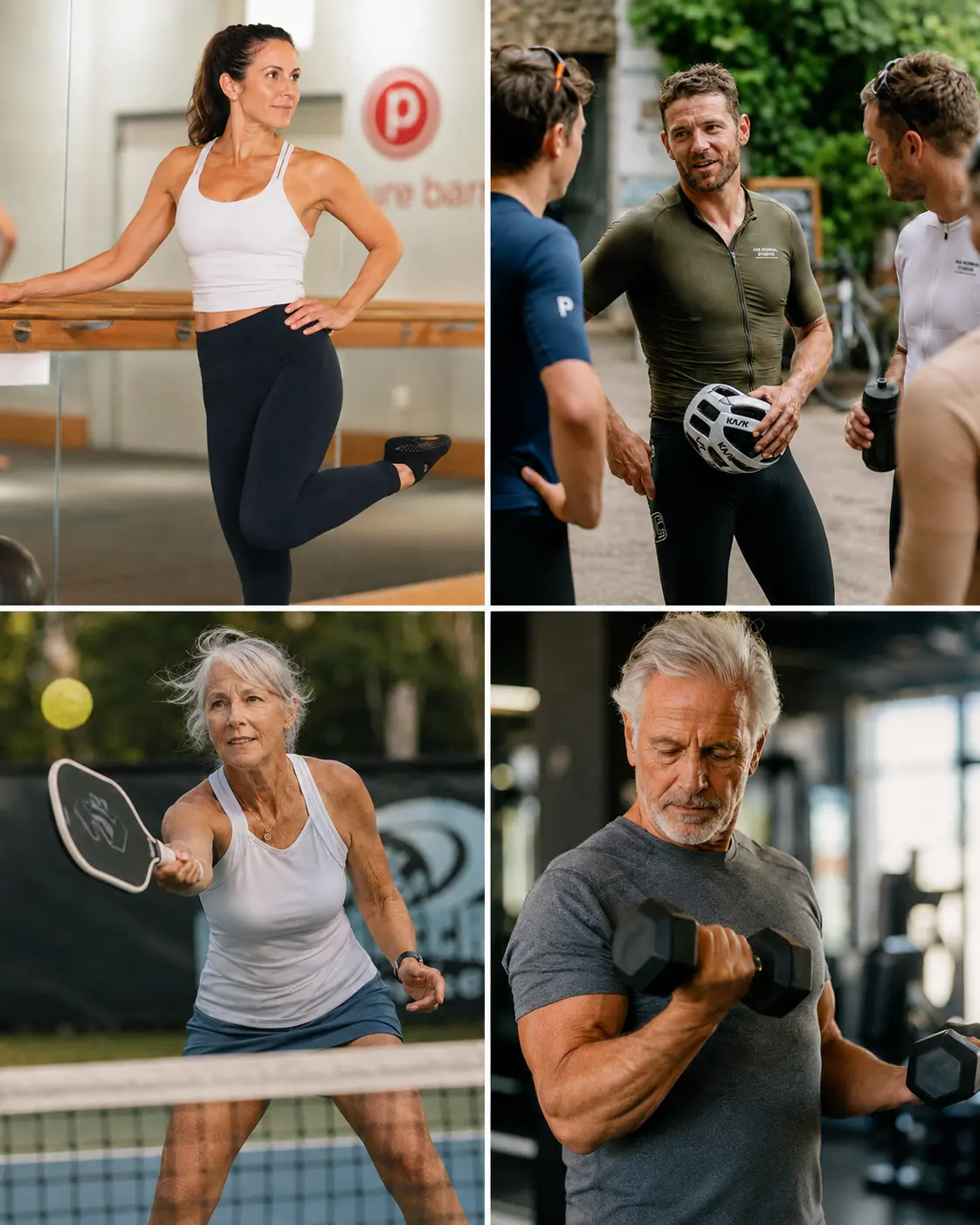 Active adults doing pickleball barre and cycling to support recovery strength and mobility
