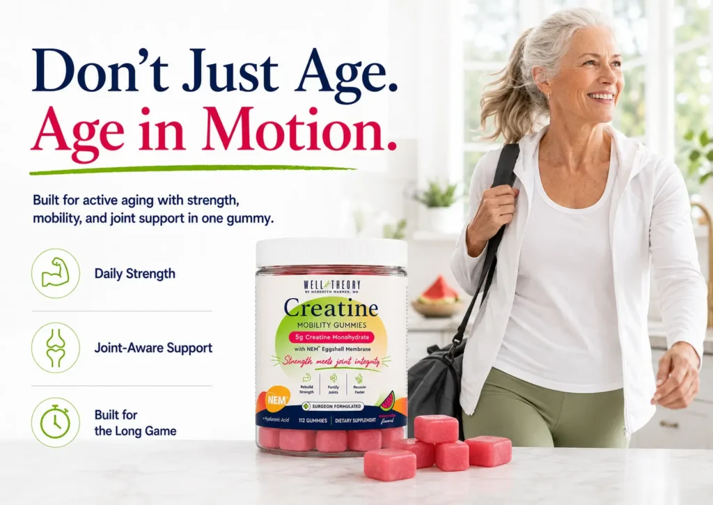 Smiling older woman in athletic wear stands by a table with creatine gummies and a jar in front of her.