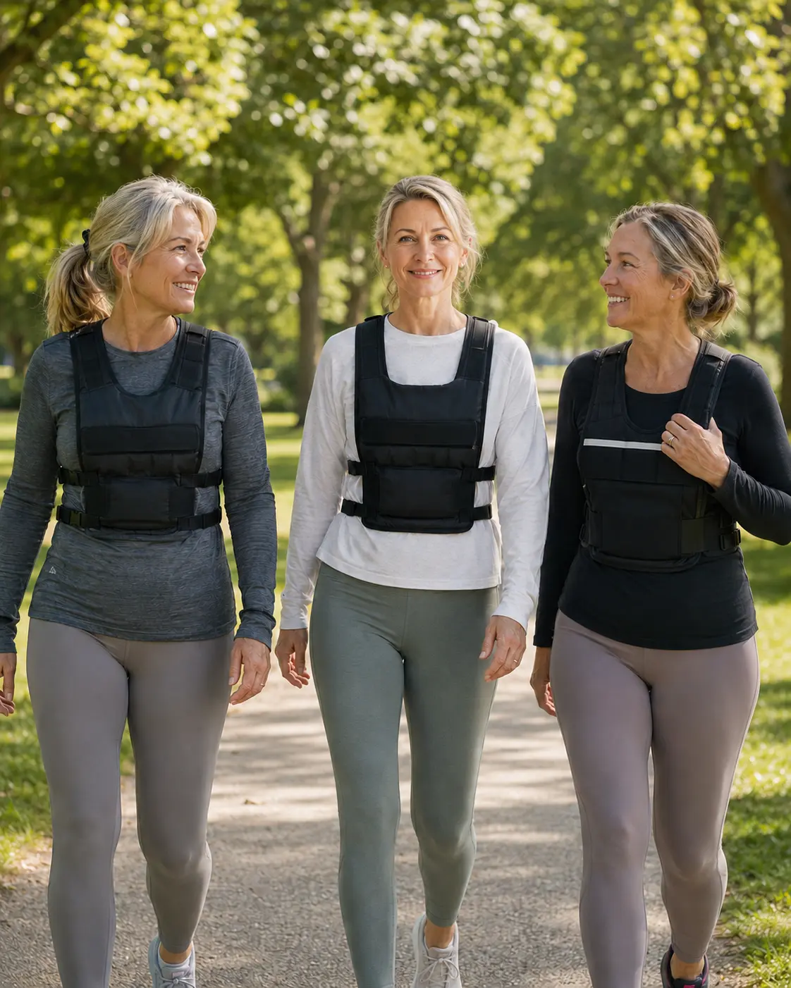 Women walking outdoors with weighted vests to support strength and mobility after 40