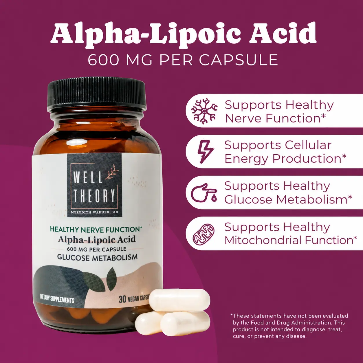Alpha-Lipoic Acid 600 mg bottle, three white capsules, and benefit icons on a purple background.