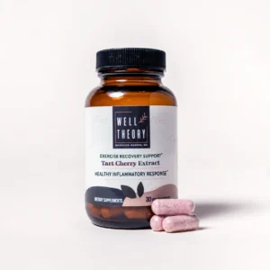 well theory “Tart Cherry Extract” with three pink capsules beside it on a white background.